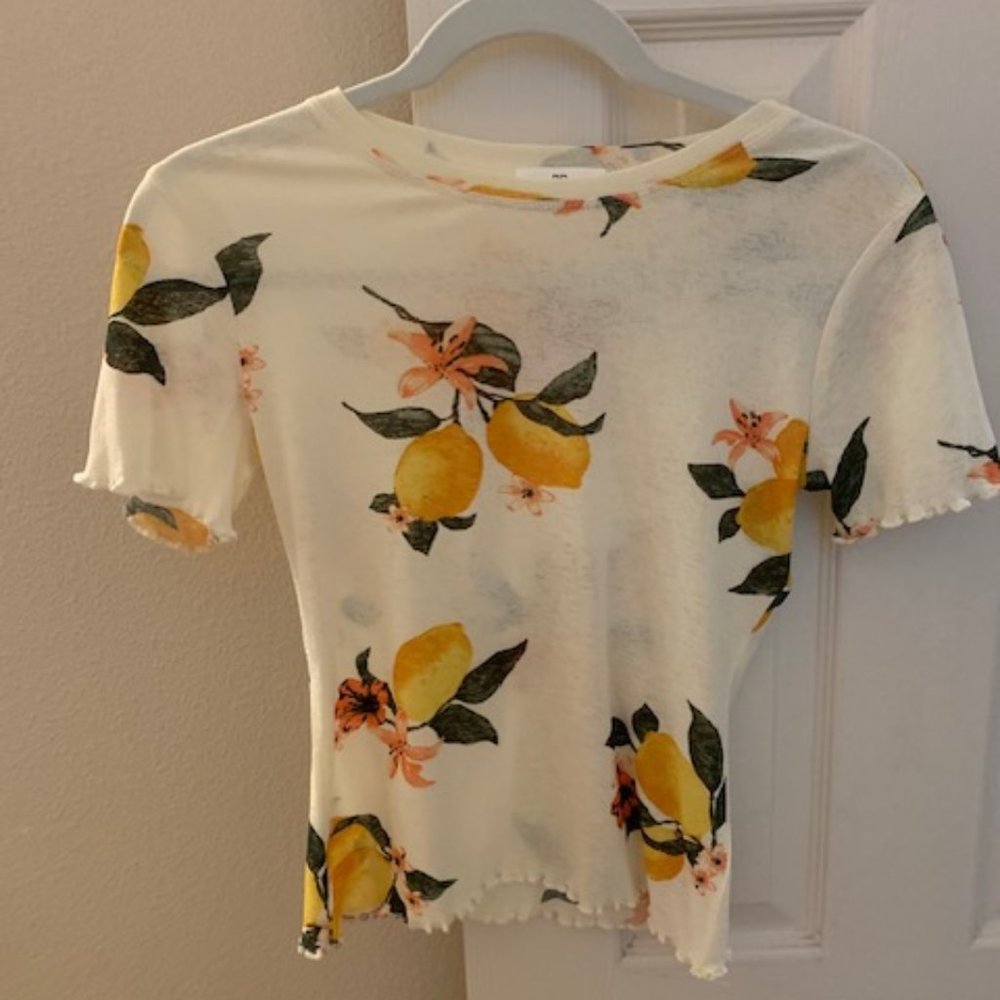 Urban Outfitters BP Sheer Lemon Blossom Ruffle Hem Short-Sleeve Shirt Blouse, S